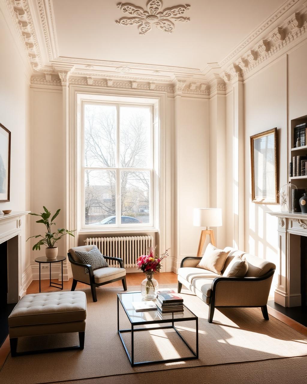 Sunlit Victorian London living room with freshly painted neutral walls